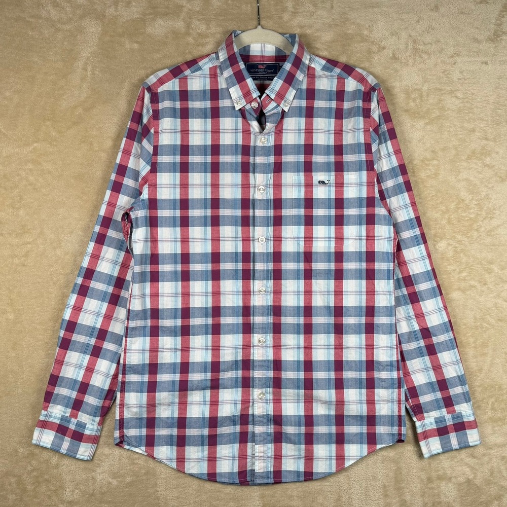 Vineyard Vines Slim Fit Tucker Shirt Mens Small Red Blue Plaid Button Down